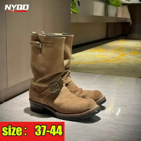 Leather Motorcycle Boots Men Women Engineer Shoes American Retro Khaki Suede Mid Calf motorcycle boots men motorcycle boots