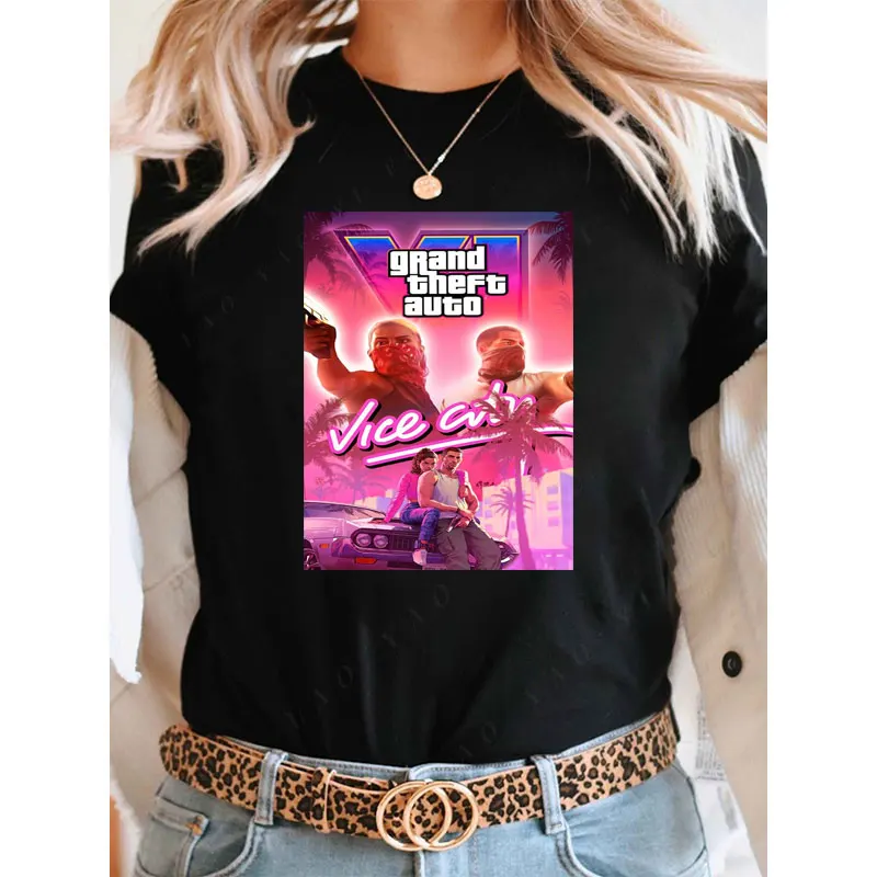 Camisetas سرقة السيارات الكبرى VI GTA6 لعبة تي شيرت Camisa القطن س الرقبة ألعاب قميص مطبوع عادية مضحك القوطية المحملة Y2k الملابس