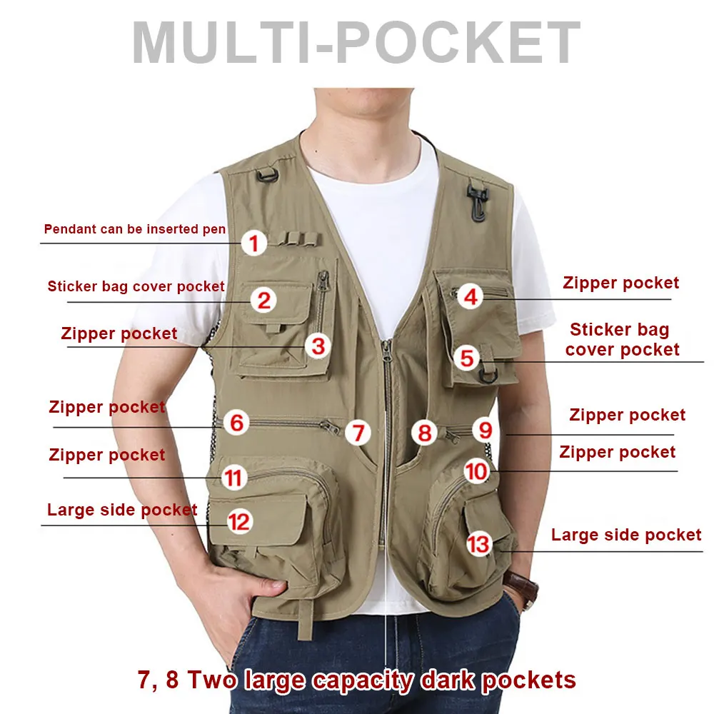 Oversized Men's Multi-Pocket Vest Casual Loose Plus Size Sleeveless Jackets Mesh Work Vest Photography Outdoor Fishing 100-135KG