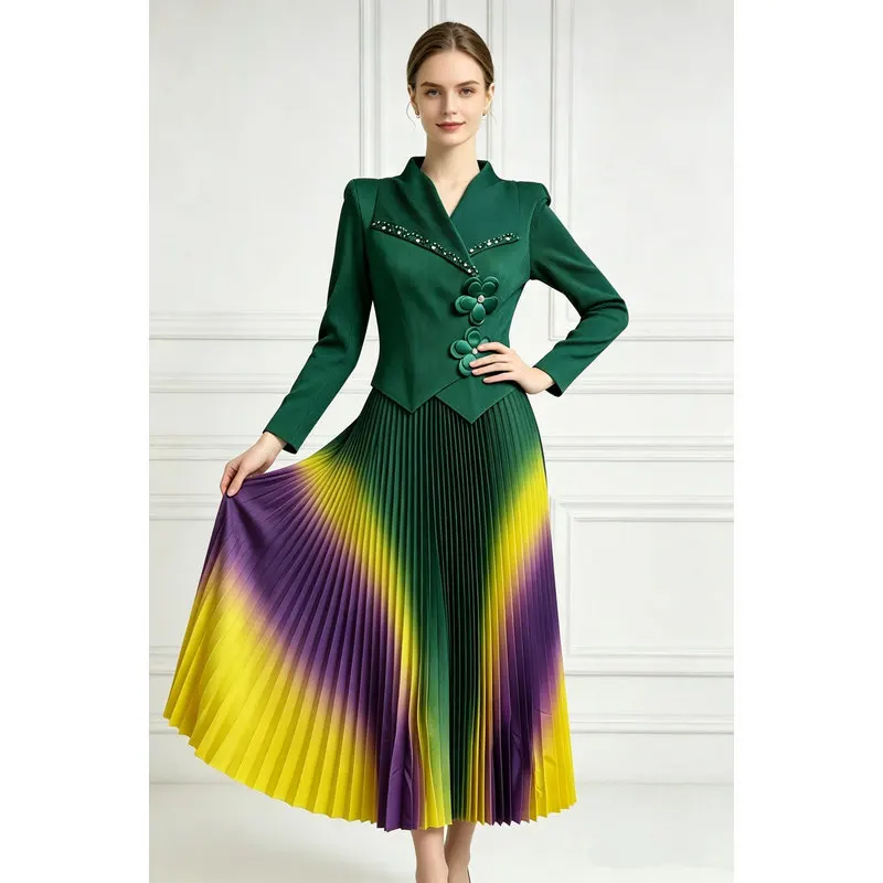 Miyake Floral Diamond Suit Collar Loose Gradient Colored Pleated Printed Long Dress Plus Size Stretchy Casual Formal Dresses