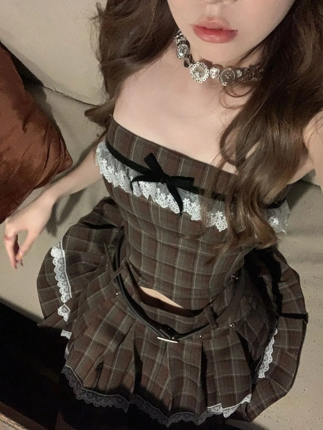 

New Summer Americian Retro College Style High-end Designed Bow Plaid Tube Top + Pleated Skirt Two Piece Sets Womens Outifits