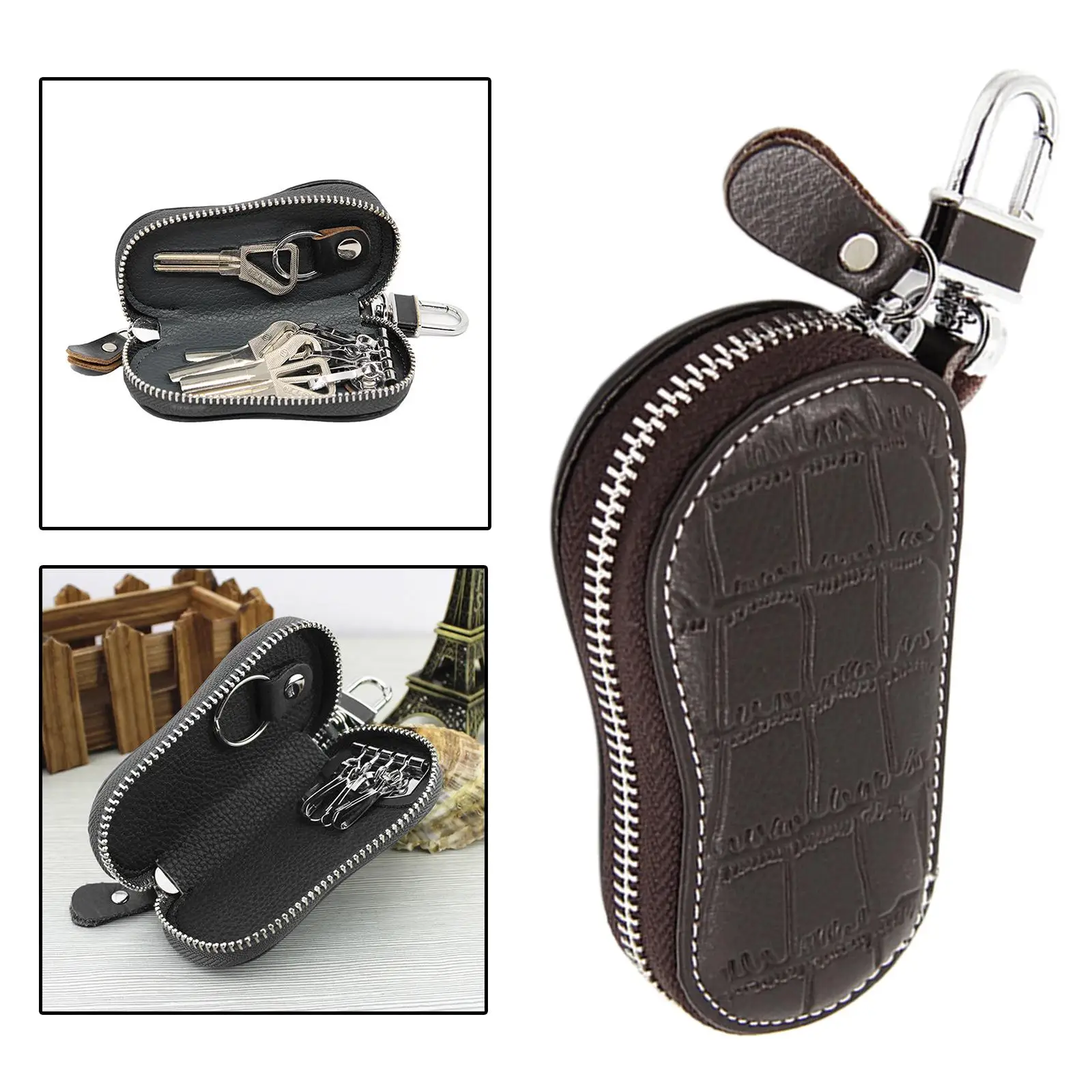 Fashion Business Car Key Chain Zipper Case Cowhide Covers Key Holder Bags