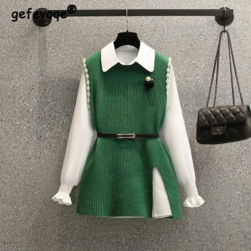 Retro Women Fashion Elegant Chic Lantern Sleeve Shirt Solid Slit Beads Sleeveless Knitted Sweater Vest 2 Piece Sets Tops Clothes