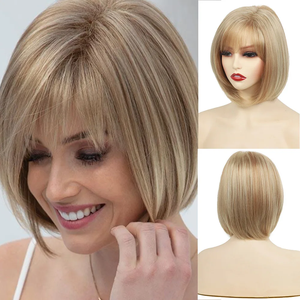 

Wig Women's Short Straight Hair Bobo Head Skewed Bangs Chemical Fiber Wig Cover, European and American Wig Cover