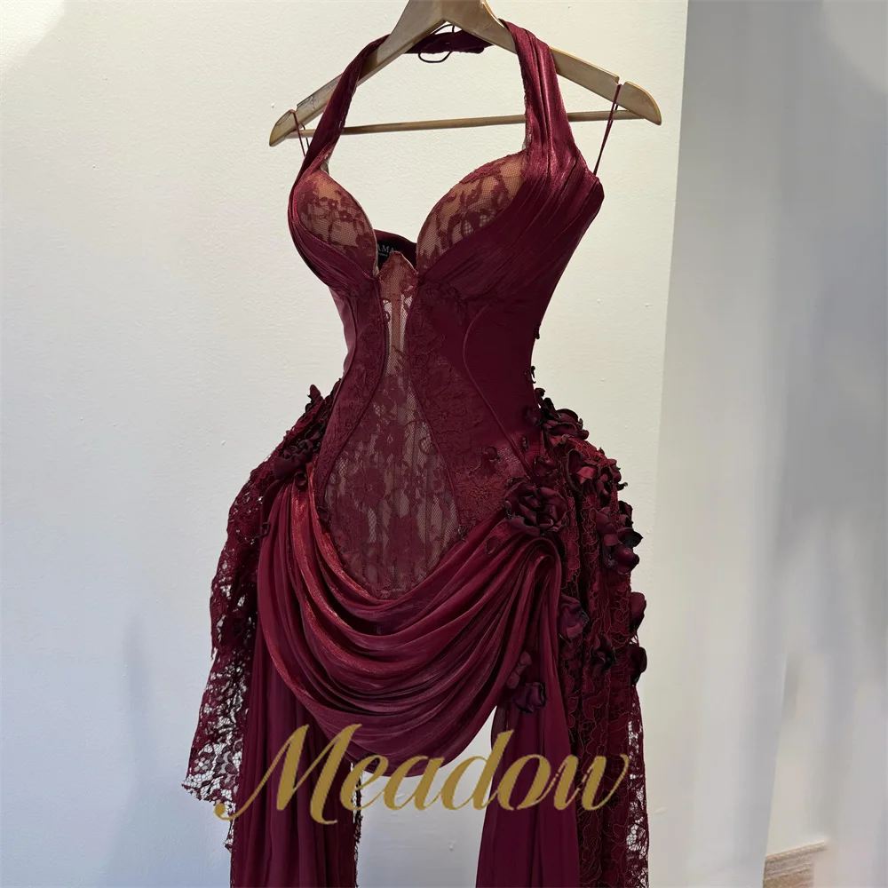 Meadow Burgundy Dresses For Special Events Long Side Trails Prom Evening Dresses Halter Sweetheart Christmas Dress Customizable