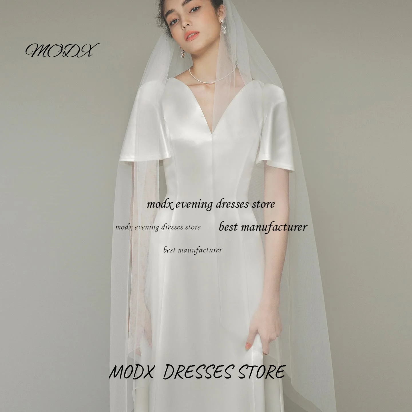 

MODX Elegant White Straight Dress Satin Korean Wedding V Neck Short Sleeve Customized Bridal Gowns Simple Wedding