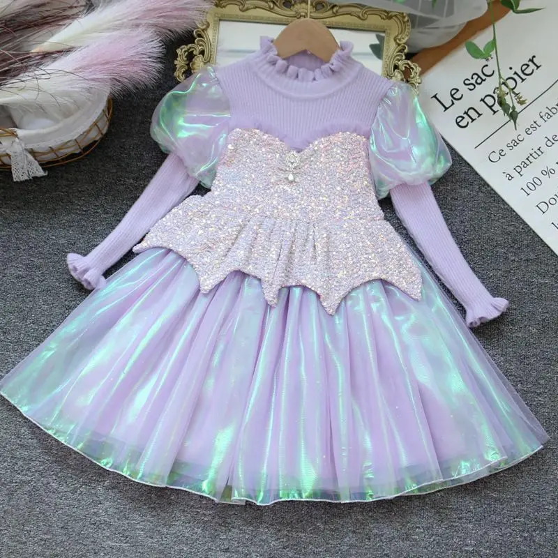 Girls\' Dress Autumn and Winter Fashionable Princess Dress Bow Woolen Skirt Girls Sequins Tulle Skirt