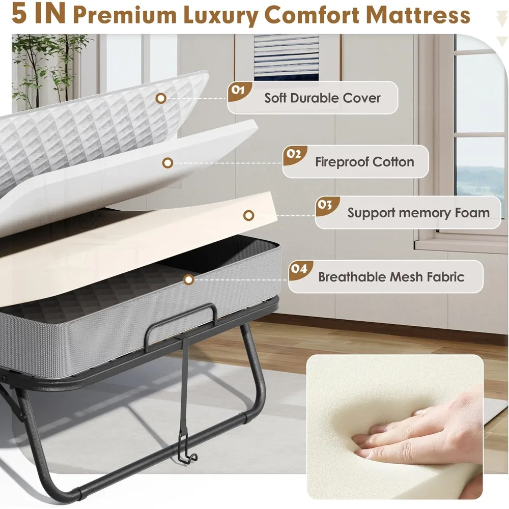 Folding Bed with Mattress, 75 X 38 Folded Bed, Roll Away Beds with 5 Memory Foam Mattresses for Adults, Foldable Twin image 4