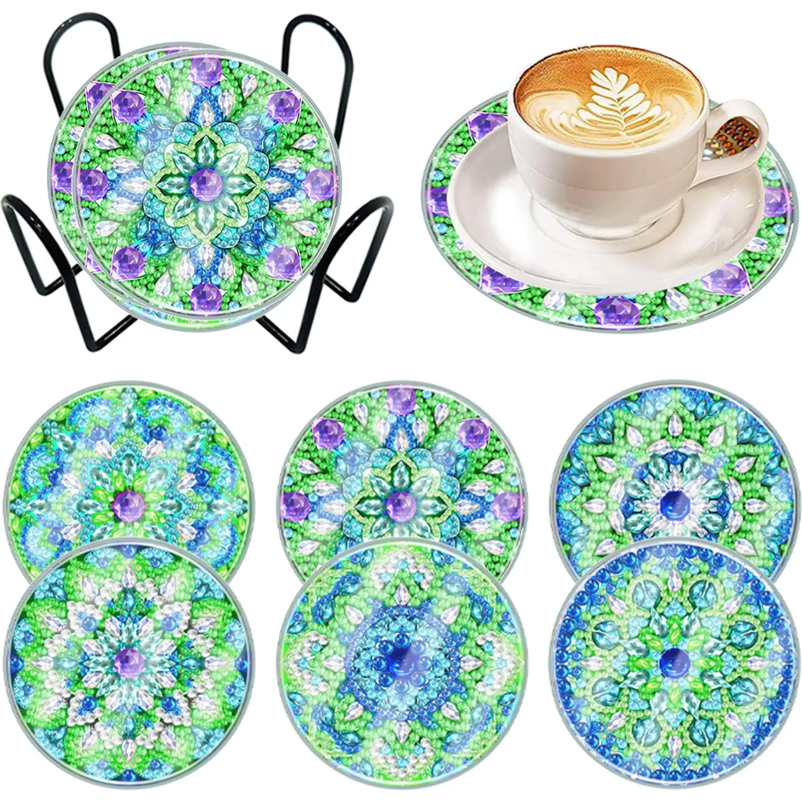 

6-piece Set of DIY Diamond Painted Coasters with Mandala Pattern and Complimentary Cup Holder Beginner Gemstone Art Craft Gift