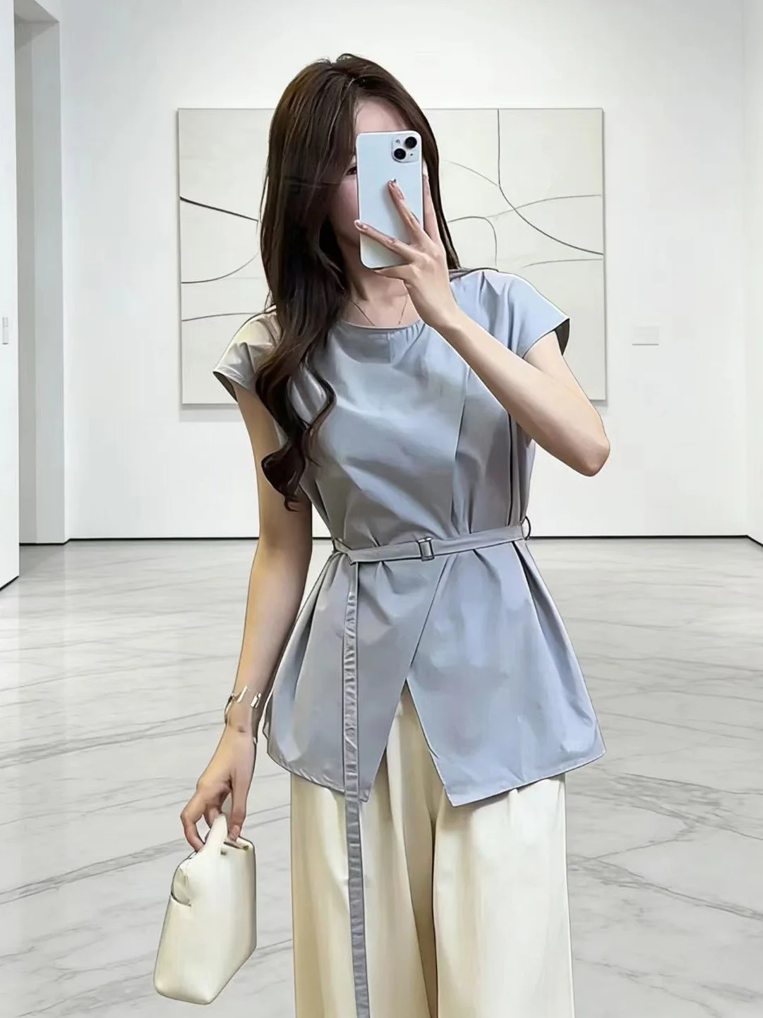 

Blue Fashion Design Waist-Cinching Shirt Women's Casual Korean Style Summer New Arrival Slimming Top Polyester Fiber Short Sl...