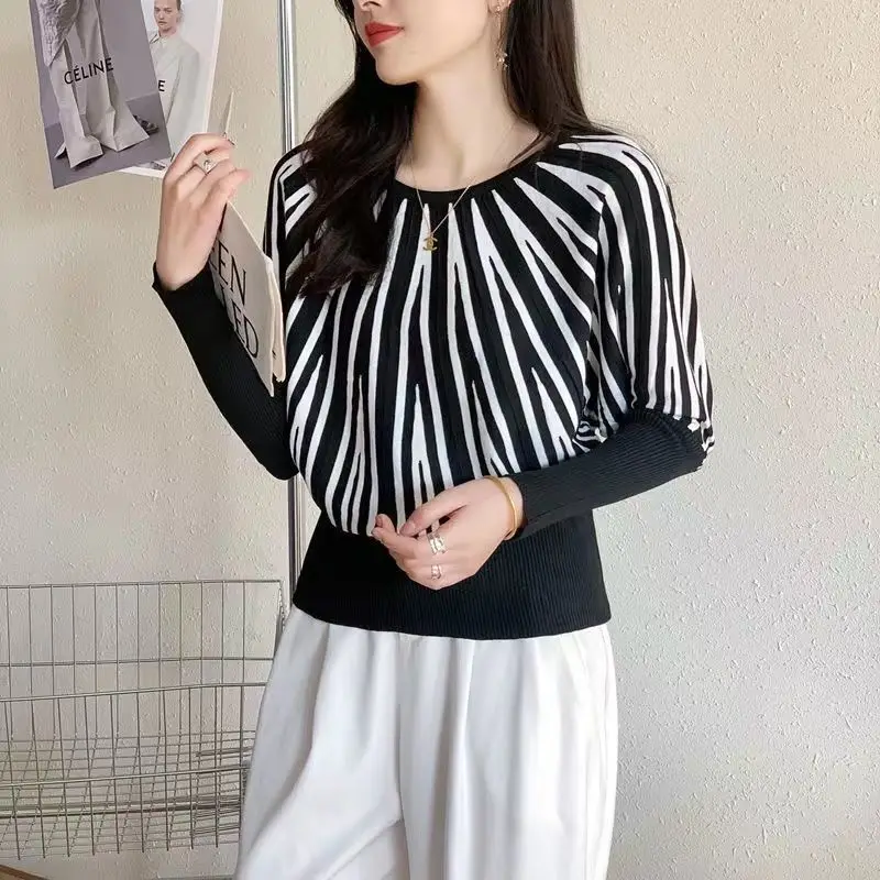 الاتجاه مخطط التباين محبوك البلوفرات الخريف جديد طويل الأكمام س الرقبة فضفاضة Vintage البلوزات قمة الموضة ملابس النساء الأنيقة