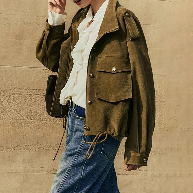 女性のカジュアルクラシックデザインヴィンテージボンバージャケットショートスエード秋ルーズポケットジャケット