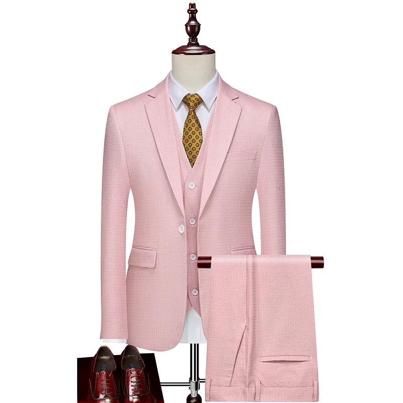(Blazer+ Vest + Trousers)New men\'s jacquard sets three-piece wedding business banquet casual simple Slim fashion elegant suits