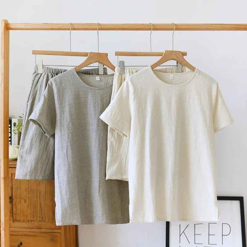 2026 New Summer Men's Pajama Set Cotton Linen Loose Short Sleeve Shorts Japanese Large Loose Home Clothes Two Piece Set