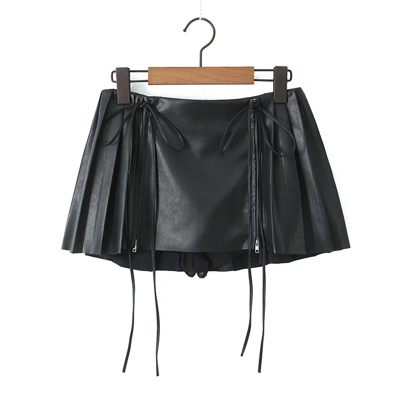 

YENKYE American Retro Pleated Mini Faux Leather Skirt Women Sexy Low Waist Bow Tie Zipper PU Skirts