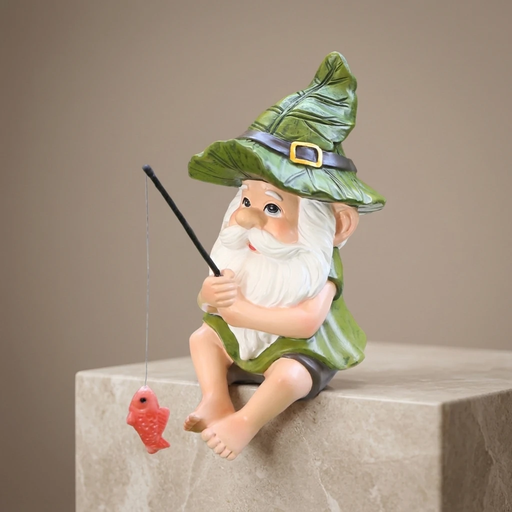 Resin Leaf Hat Dwarf Fishing Ornament for Outdoor Garden Yard Lawn Decoration Fish Tank Landscape Ornaments