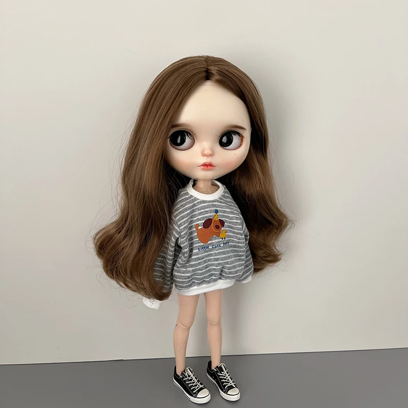 DLBell Blyth Puppenkleidung, gestreiftes Sweatshirt, süßer Hundedruck, lässige Oberteile, sportliches Outfit für Blyth OB24 Azone Pullip 1/6 Puppen