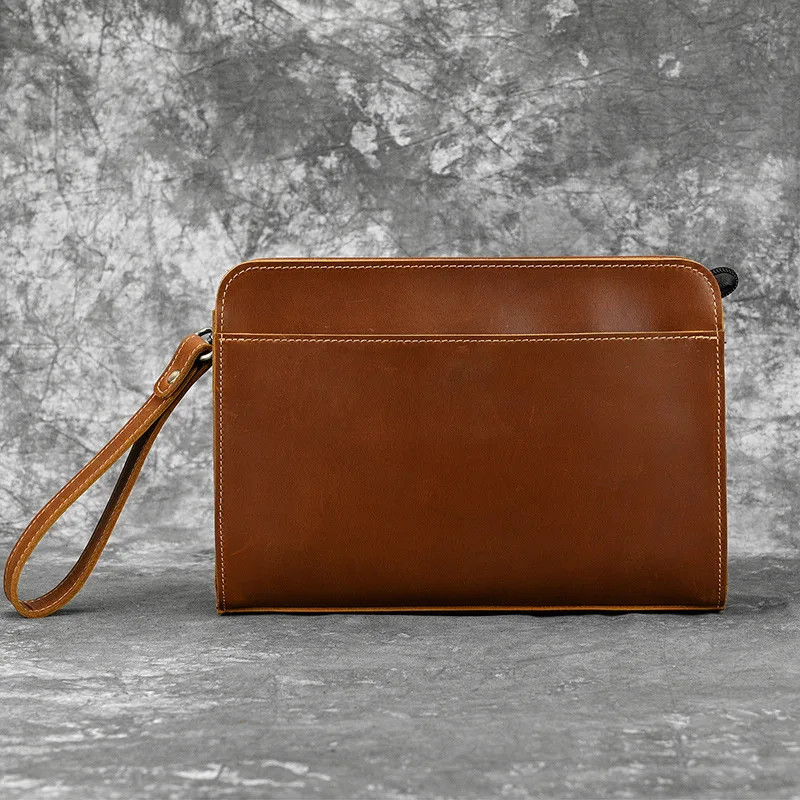 Men's clutch bag, crazy Horse leather retro envelope pocket, large capacity flat storage business briefcase