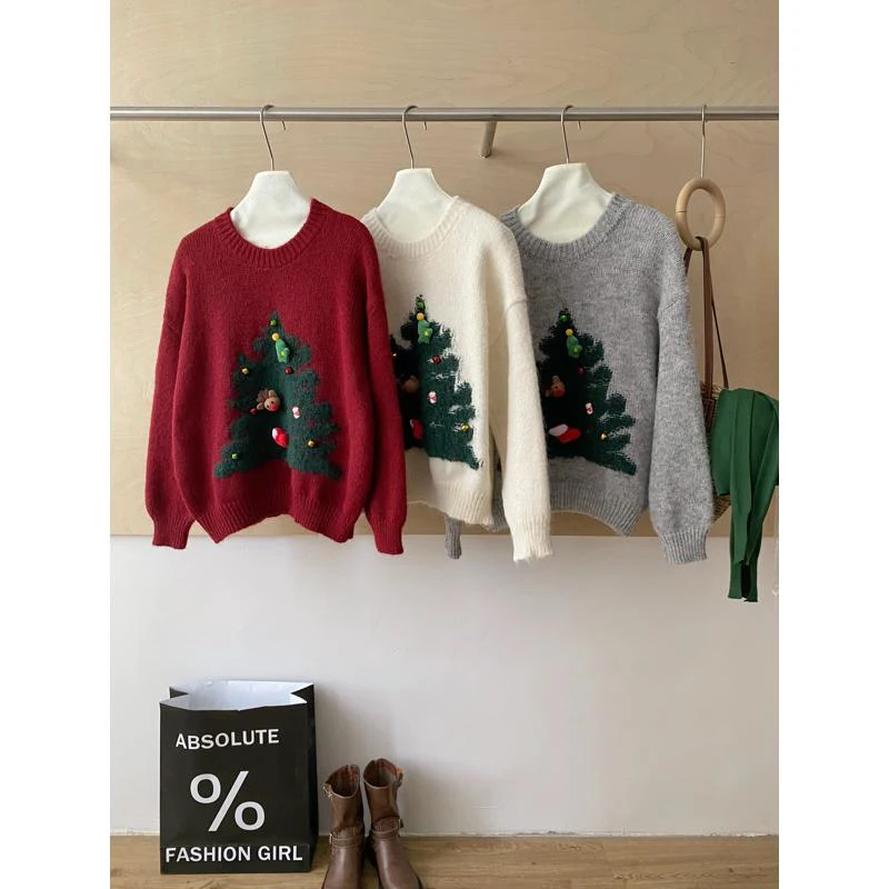 FIGOHR Women's Red Sweater Autumn/Winter New Christmas Tree O-Neck Loose Knitted Tops Casual Pullover Sweaters Women 2025