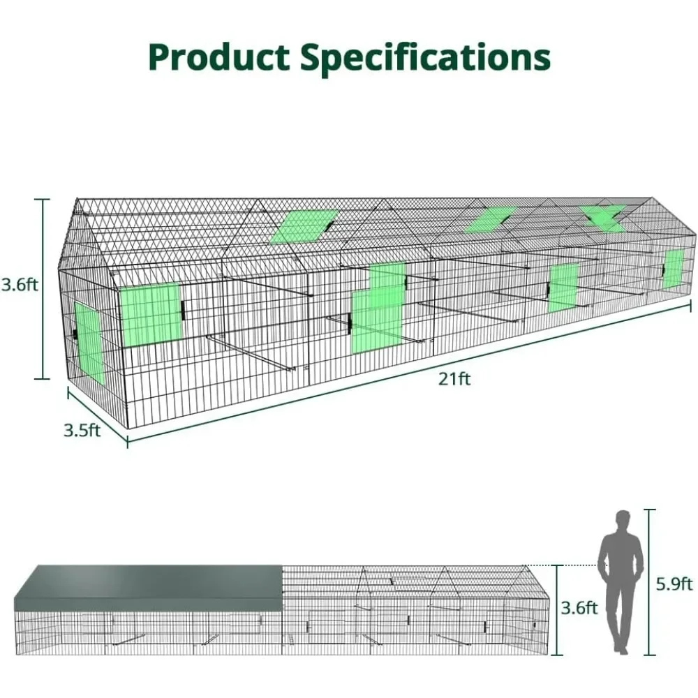 Metal chicken coop, 21 ft x 3.5 ft chicken coop for covered yard, outdoor metal portable chicken tractor cage fence