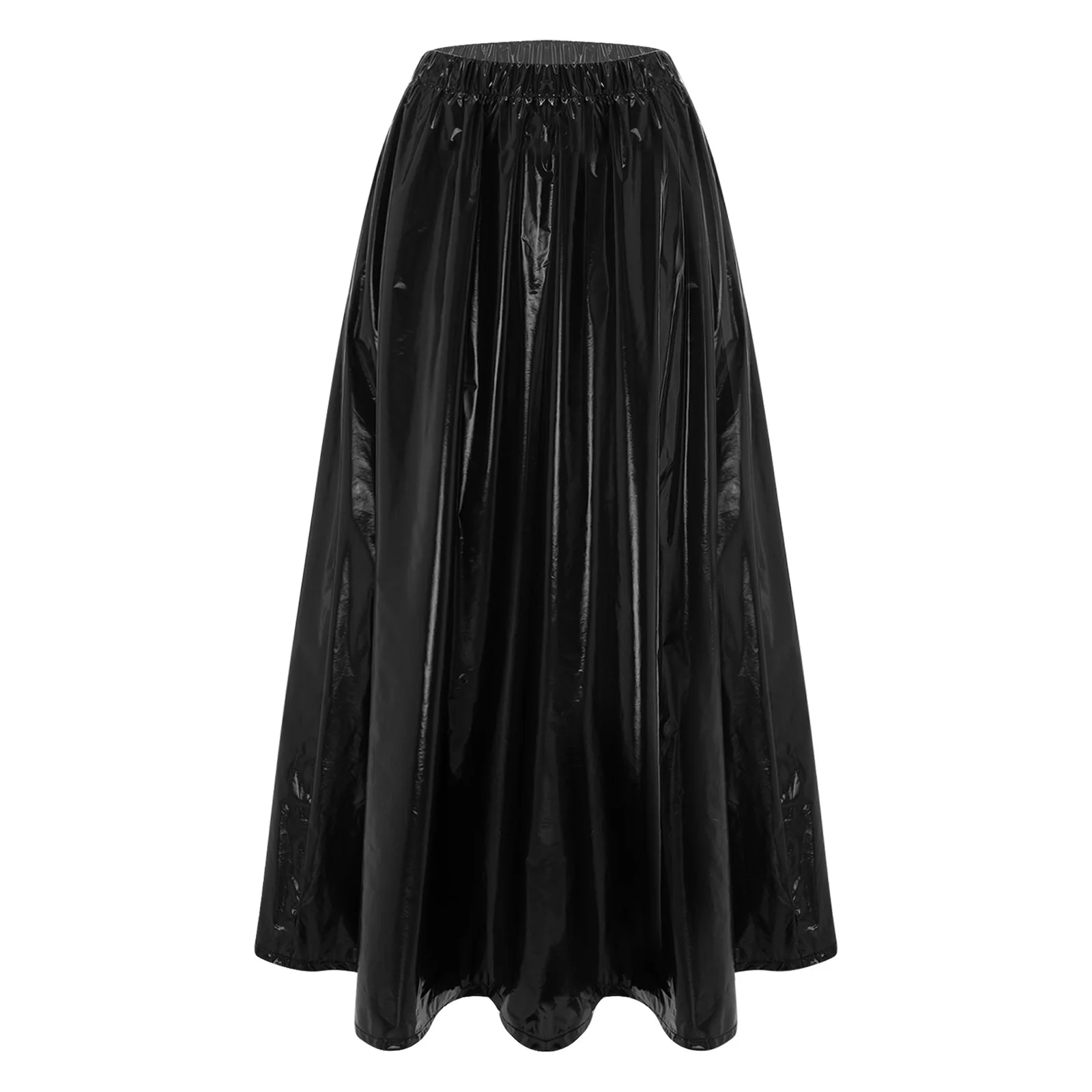 High Waist Loose Long Pleated Skirts Shiny PVC Leather Women Glossy Cover-up Maxi Skirt Clubwear for Rave Party Beach