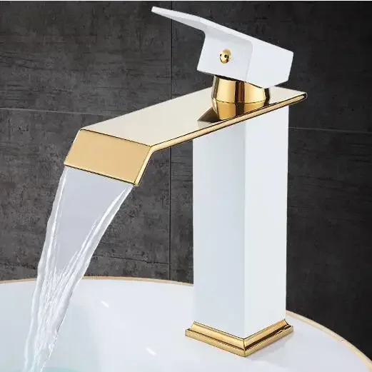 Square Basin Faucets Waterfall Bathroom Single handle Mixer Tap Bath Antique Brass Sink Water Crane Gold