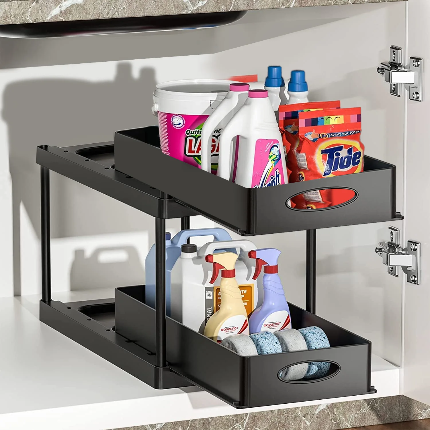 Bathroom Under Sink Organizer 2 Tier Telescopic Storage Rack for Shampoo Detergent Cabinet ,for Kitchen Spices Rack Drawer Shelf