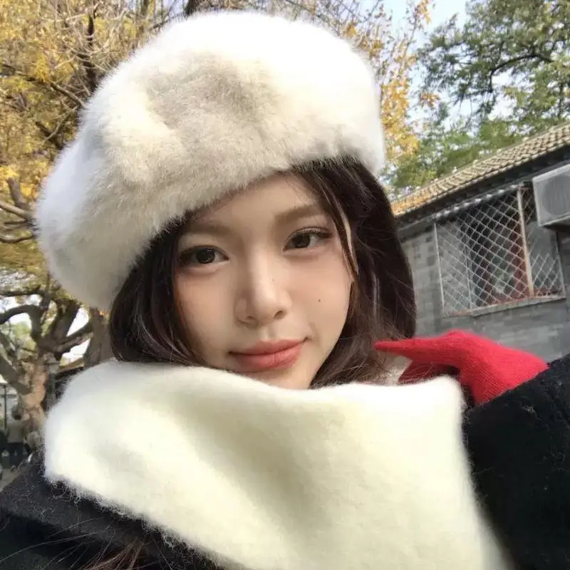 

Faux Mink Fur Berets Elegant Women Winter Caps New French Style Fur Hats Knitted Warm Imitation Mink Fur Beanies Hat Adjustable