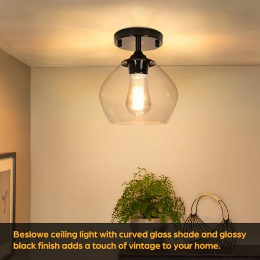 Modern Semi Flush Mount Ceiling Light with Clear Glass Shade, Industrial Close to Ceiling Light, Hanging Ceiling Light Fixture