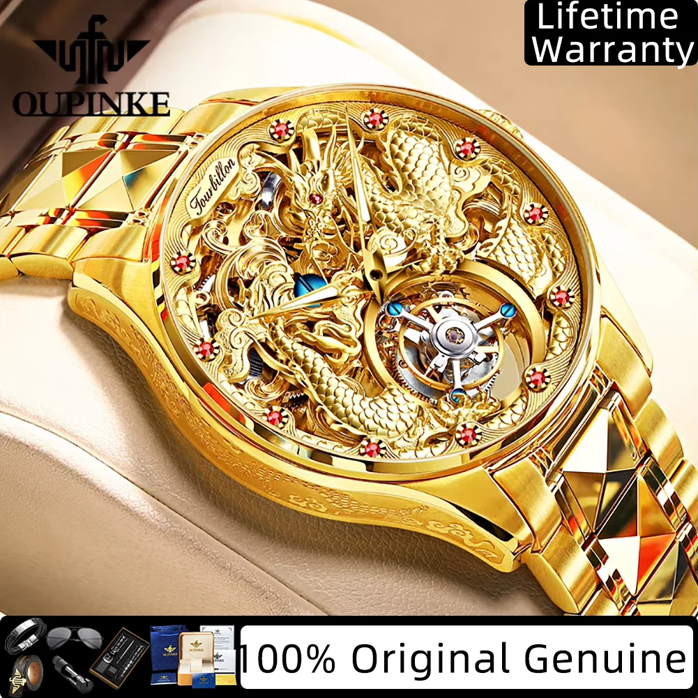 OUPINKE Real Tourbillon Watches for Man High-end Luxury Tungsten Steel Skeleton Flywheel Automatic Mechanical Men's Dragon Watch