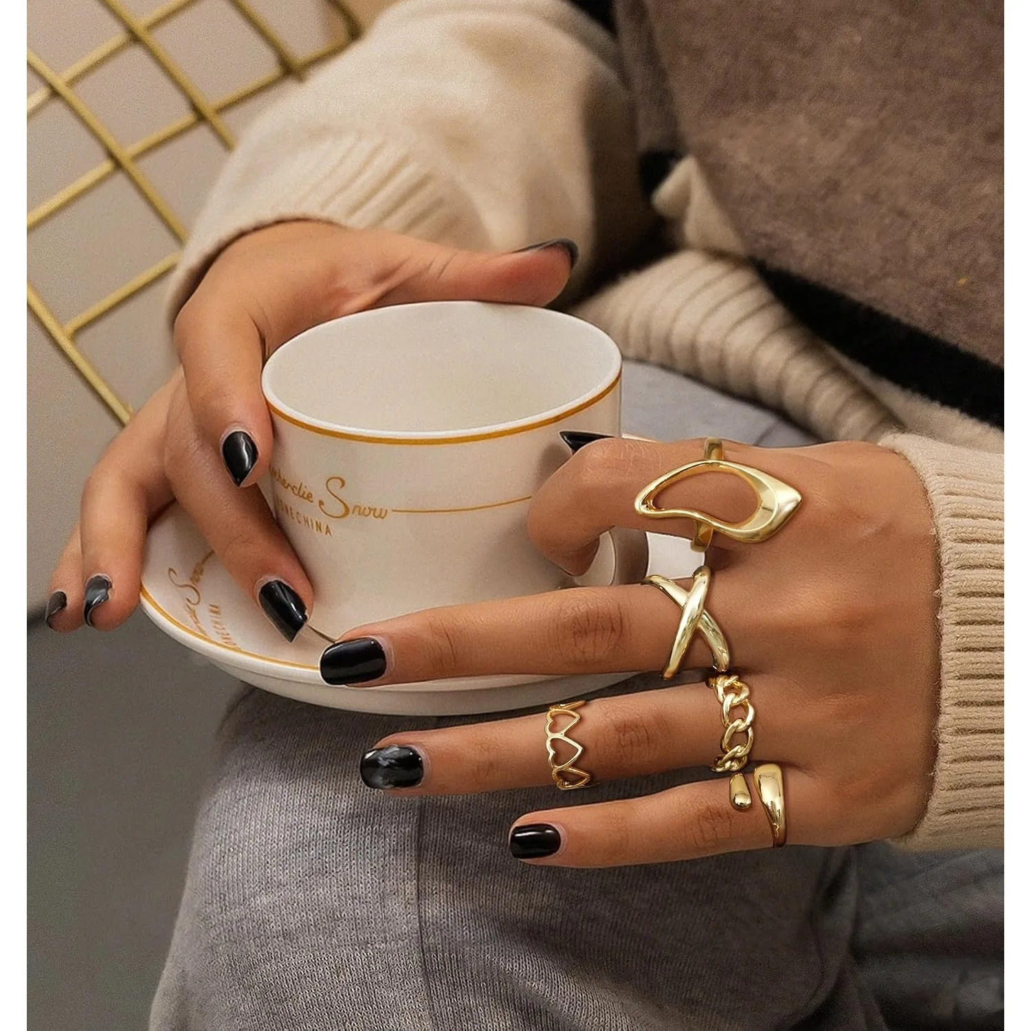 Bobisty 10PCS Gold Plated Rings Set for Women Non Tarnish Open Adjustable Chunky Stackable Rings Trendy Dainty Midi Rings Set