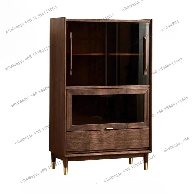 

North American black walnut glass wine cabinet Nordic simple solid wood vertical cabinet Home storage display locker