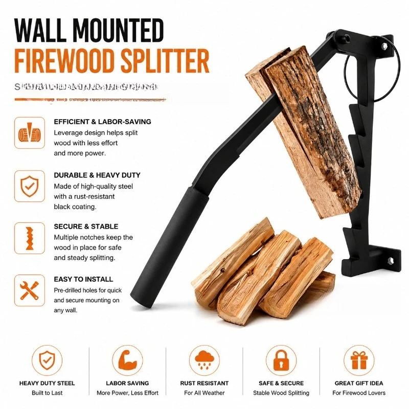 Wall Mounted Manual Log Splitter with Handle, High Carbon Steel Wood Separator for Firewood Splitting