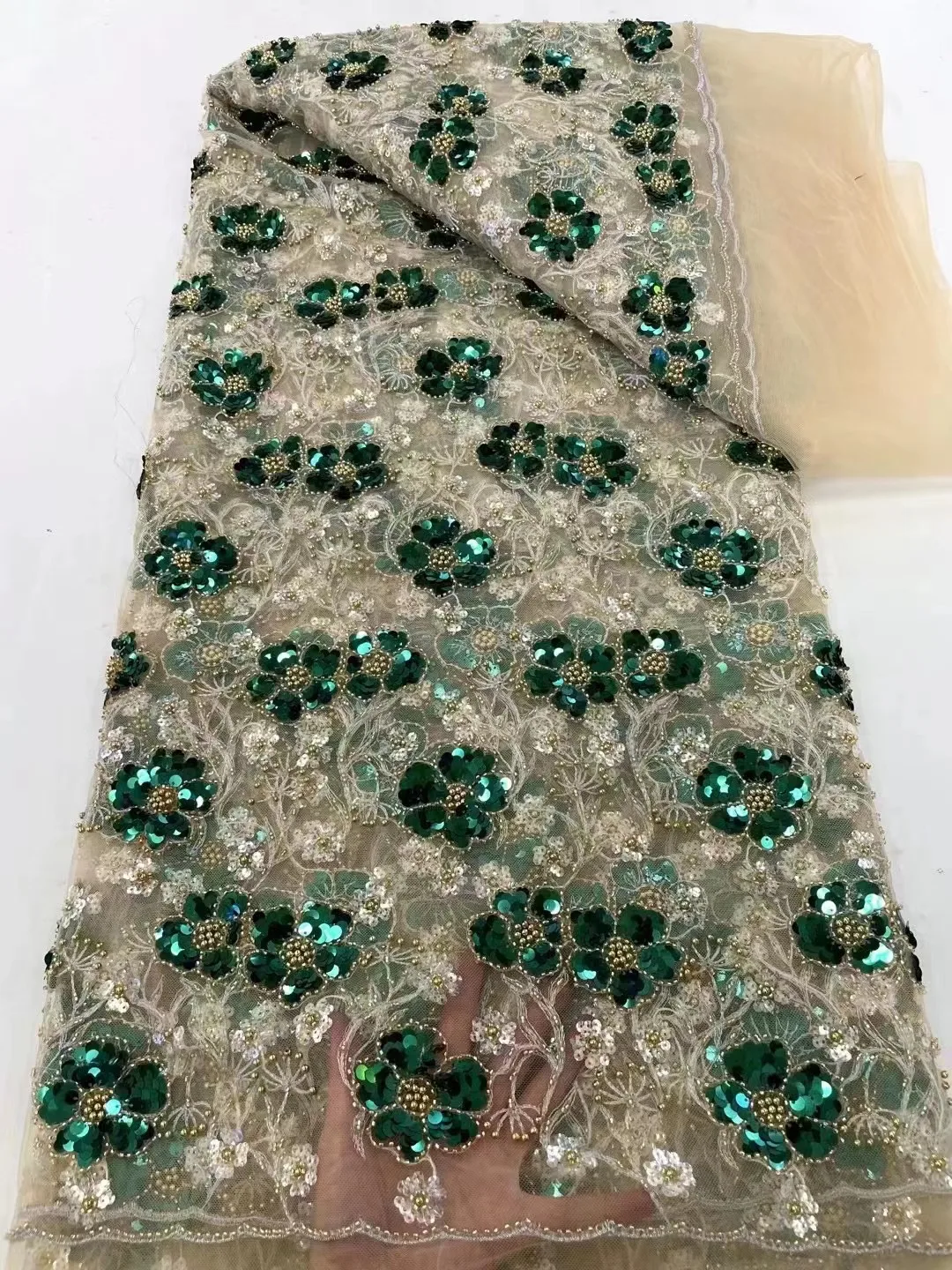 

GREEN High Quality African Nigerian 3D applique Lace Flower Fabric For Wedding With sequin Groom Embroidery French Lace Fabrics