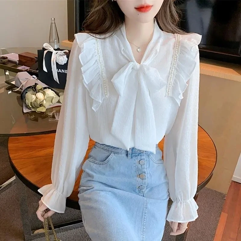 

French Bow Tie Long-sleeve Chiffon Shirts Womens Spring 2022 New Loose All-match Ruffled Womens Casual Pullover Bottoming Blouse