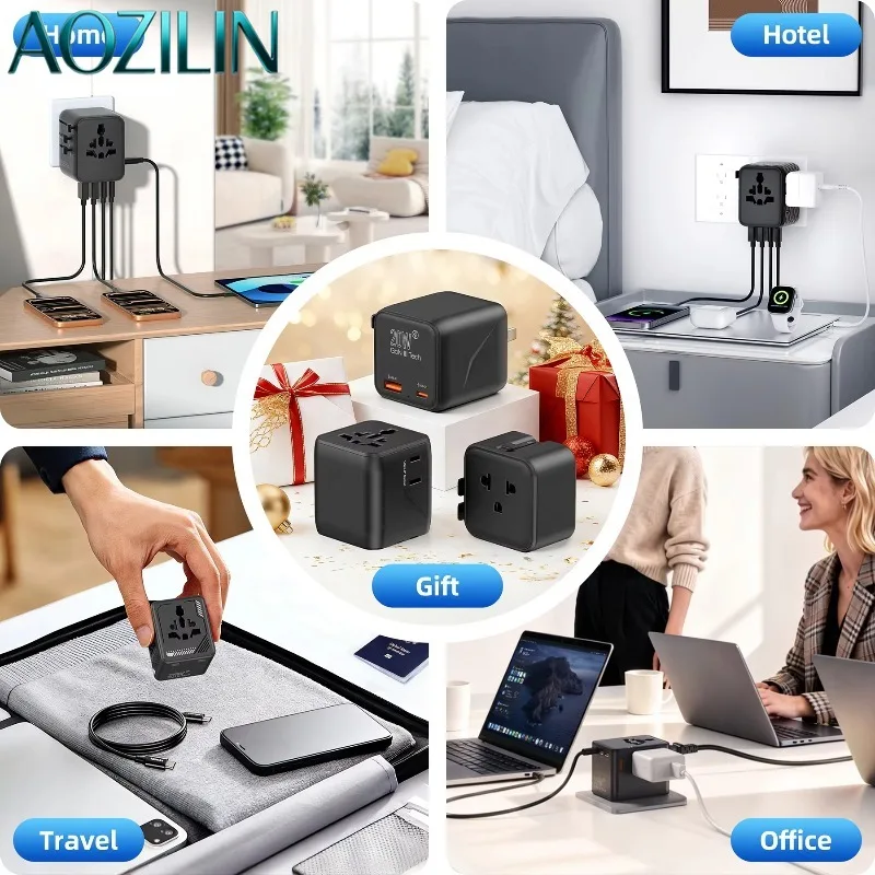 AOZILIN 4 Ports All-in-one Global Travel Plug Adapter Universal International Wall Charger for Overseas Travel Use