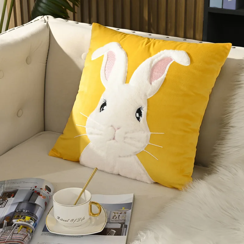 45x45CM Rabbit Embroidered Throw Pillow Cover Velvet Plush Cute Stamping Waist Cushion Cover Decor Home Decorative Pillowcase