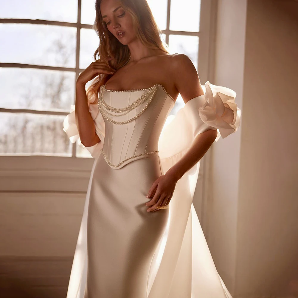 Customized Strapless Mermaid Wedding Dress Floor Length Removable Skirt Bridal Gown Back Corset Bohemian Style for Brides