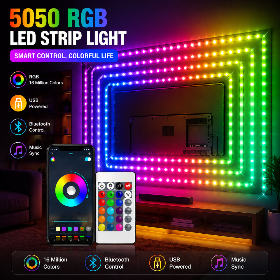  USB 5050 RGB LED Strip Bluetooth & Remote Control, 24 Modes Music Sync Millions Gradient Colors Dimmable Bedroom Festival Decor 
