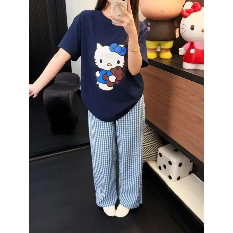 

Sanrios Hello Kittys Pajamas Set Thin Women Summer Casual Home Wear Instagram Style Lazy Fashion Comfy Short Sleeve Long Pants