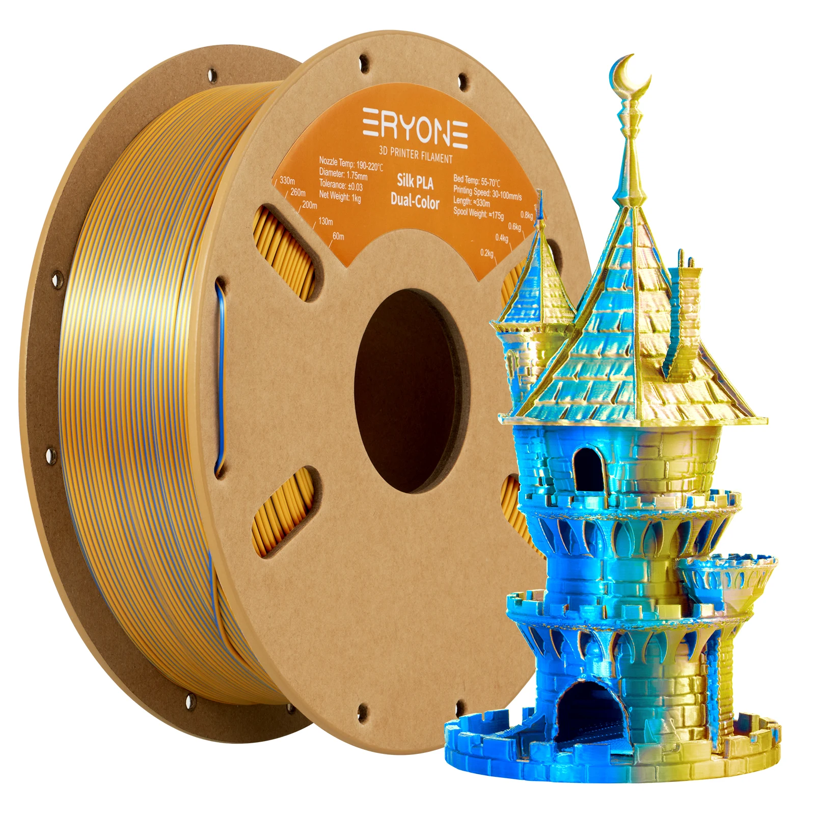 Filament d'imprimante 3D ERYONE 1KG Silk Dual Color PLA Series 1.75mm, Coextrusion bicolore finition soyeuse brillante, Bobine de 1kg
