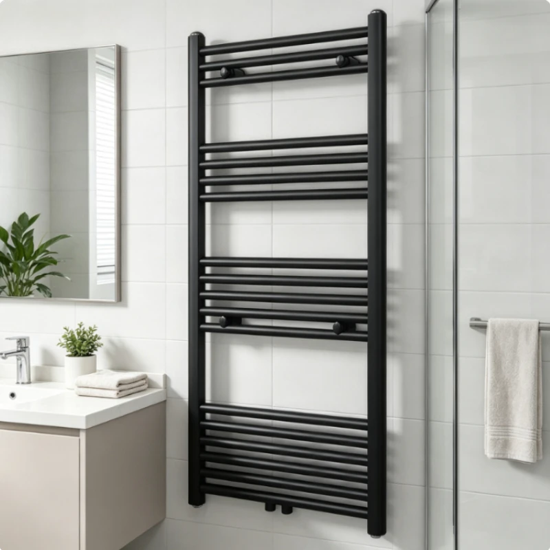 600 x 1160 mm Gerader Handtuchheizkörper für Warmwasser, Schwarz, Geradliniger Badheizkörper, Handtuchwärmer für Badezimmer, Moderner Gerader Handtuchwärmer Schwarz, Warmwasserbetriebener