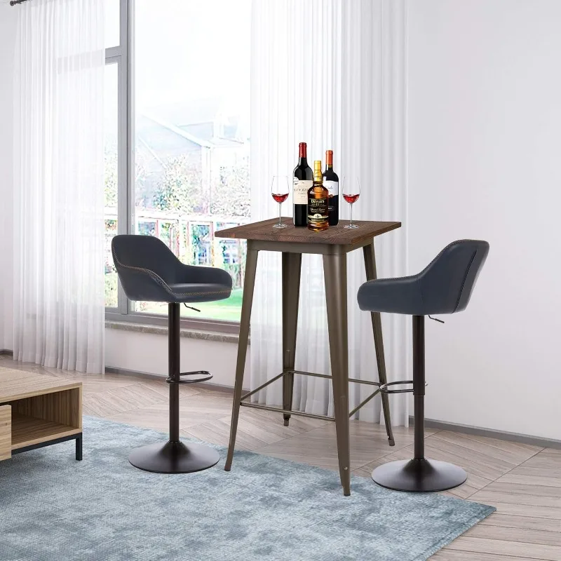 

3-Piece Pub Table and Chairs, Square Bar Height Adjustable Swivel PU Leather Bar Stools Set of 2, Rustic Dining Room T