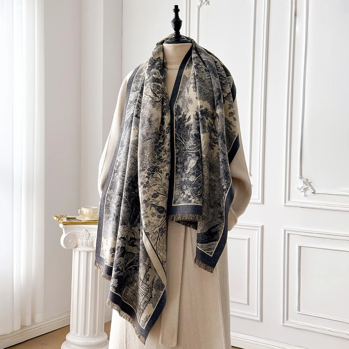 Eleganter Damen-Kaschmirschal im Retro-Stil mit doppelseitigem Landschaftsdruck, Winter-warmer Pashmina-Schal, Foulard-Poncho – Detail 9