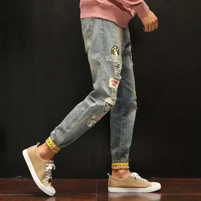 Man Cowboy Pants with Holes Men's Jeans Torn Trousers Cropped Graphic Broken Cargo Ripped Harem New in Soft Luxury Summer Retro