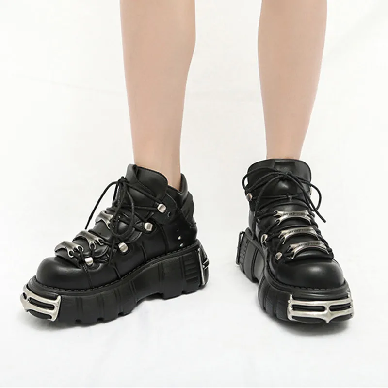 New Punk Style 2025 Women Shoes Lace-up Heel Height 6CM Platform Shoes Woman Gothic Ankle Rock Boots Metal Decor Woman Sneakers