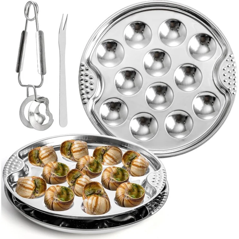 Stainless Steel Escargot Plates with 12 Compartment Holes with Escargot Tong Fork and  8 Slots Oyster Grill Pan with Center Slot