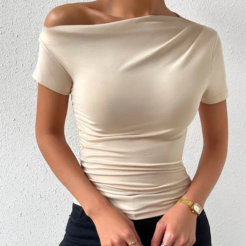 Women One Shoulder Ruched Short Sleeve T Shirt Summer Fashion Casual Solid Color Slim Fit Tee Top Streetwear 2024