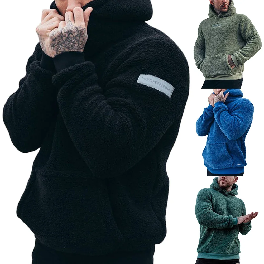

Men Autumn Winter Jacket Fashion Hoodies Plush Keep Warm Casual Comfortable Front Pocket Furry Solid Color