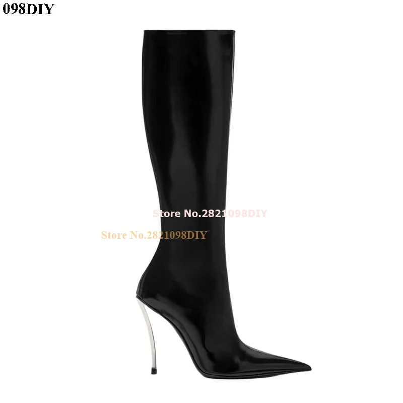 

Metal Blade Heeled Black Patent Leather Thin High Heel Knee High Boots Women Stiletto Heeled Pointed Toes Long Party Boots